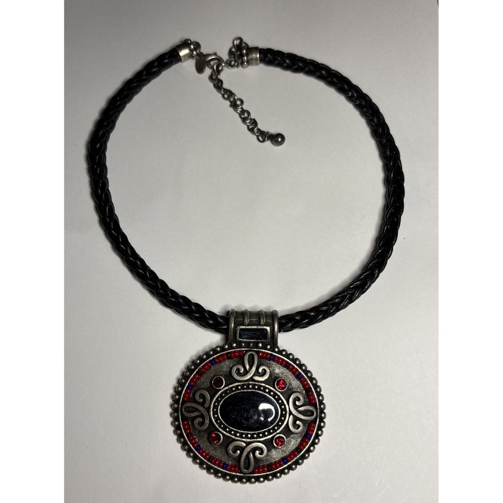 Chico's Statement Necklace Red Blue Rhinestone Medallion Black Braided Cord
